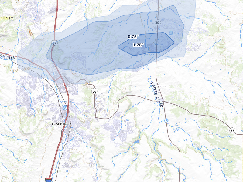 NEXRAD radar-signature map of the hail storm over Castle Rock, CO on Jul 28, 2026