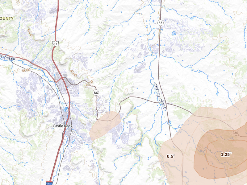 Radar-estimated hail-size map of the storm over Castle Rock, CO on Aug 14, 2026
