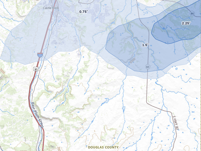 NEXRAD radar-signature map of the hail storm over Castle Rock, CO on Aug 14, 2026