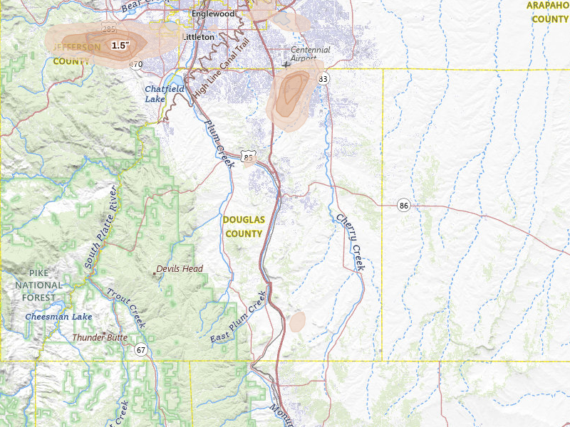 Radar-estimated hail-size map of the storm over Castle Rock, CO on Aug 15, 2026