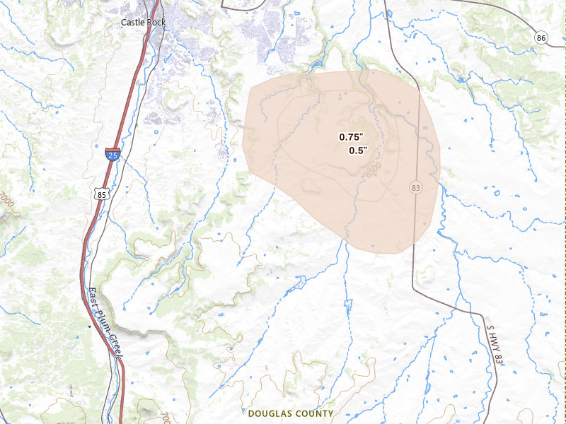 Radar-estimated hail-size map of the storm over Castle Rock, CO on Aug 22, 2026