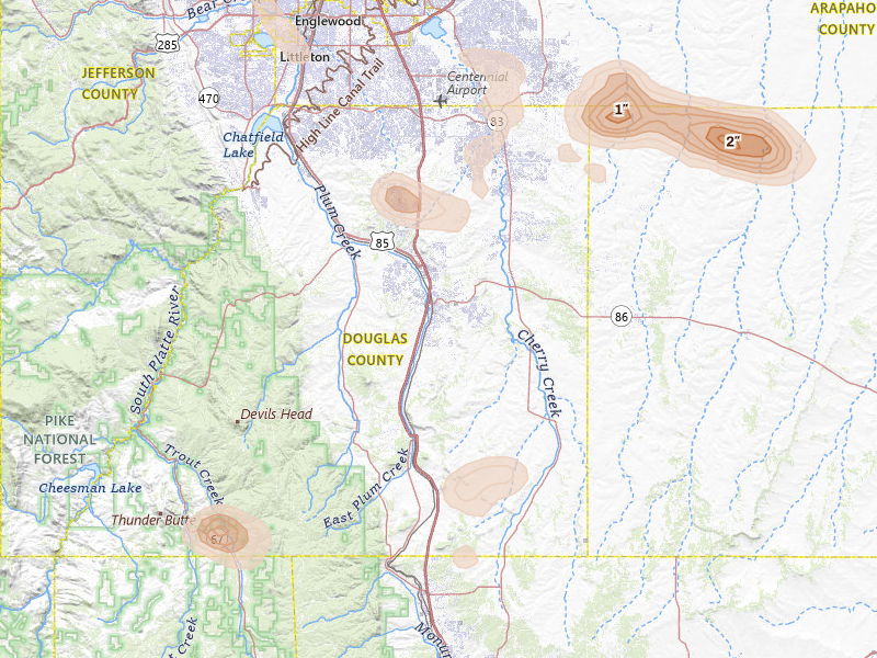 Radar-estimated hail-size map of the storm over Castle Rock, CO on Aug 26, 2026