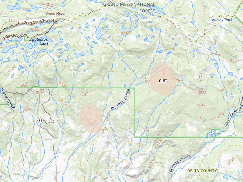 Radar-estimated hail-size map of the storm over Cedaredge, CO on Jul 16, 2026