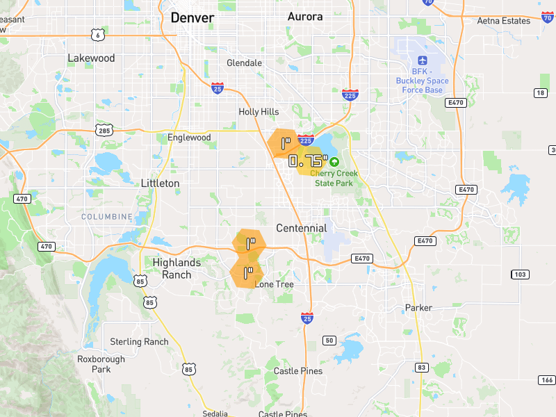 Hail map of Centennial, CO on Jun 1, 2026, hail up to 1"