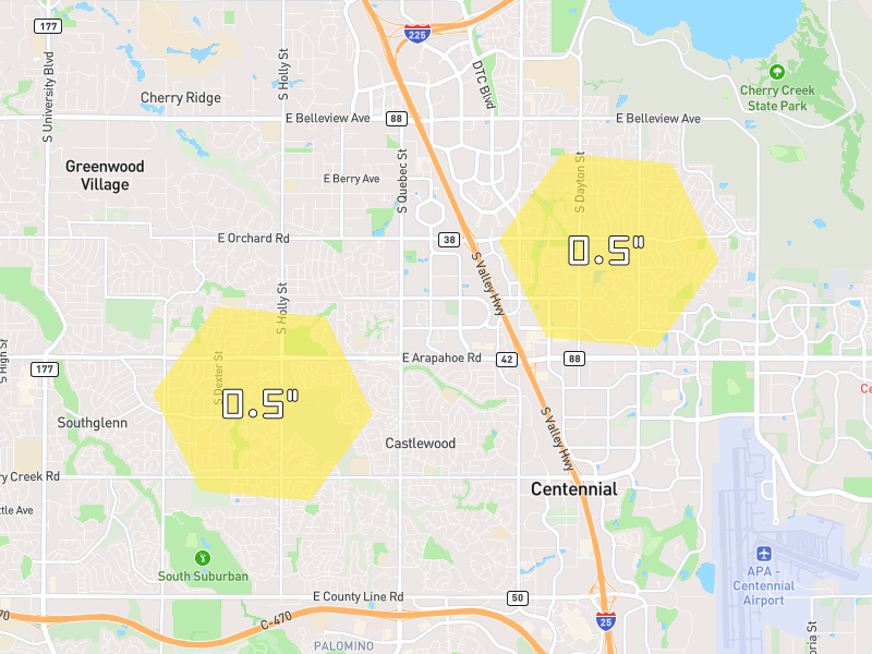 Hail map of Centennial, CO on Jul 2, 2026, hail up to 0.5"