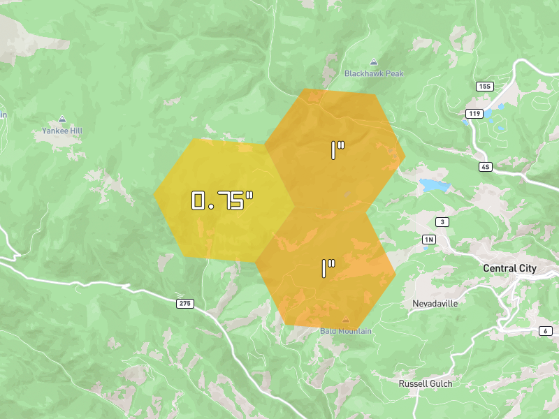 Hail map of Central City, CO on Jul 24, 2026, hail up to 1"
