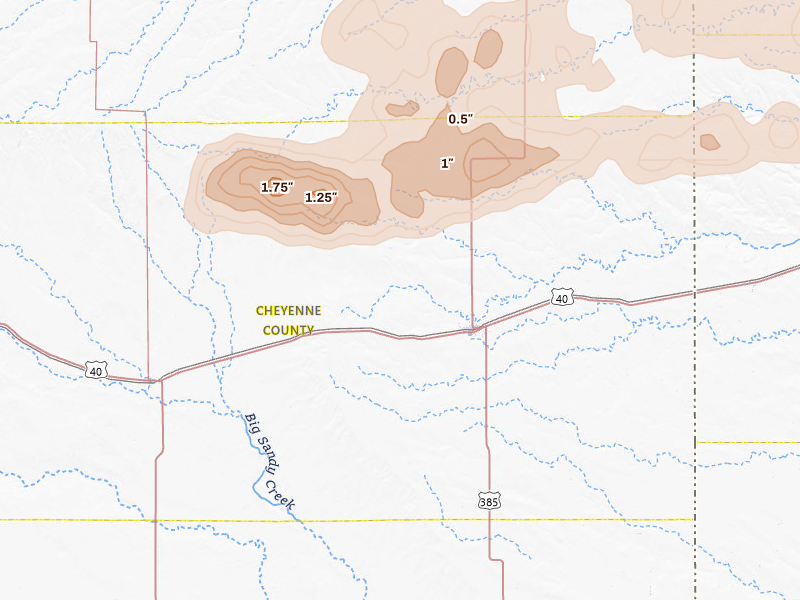 Radar-estimated hail-size map of the storm over Cheyenne Wells, CO on Jun 20, 2026