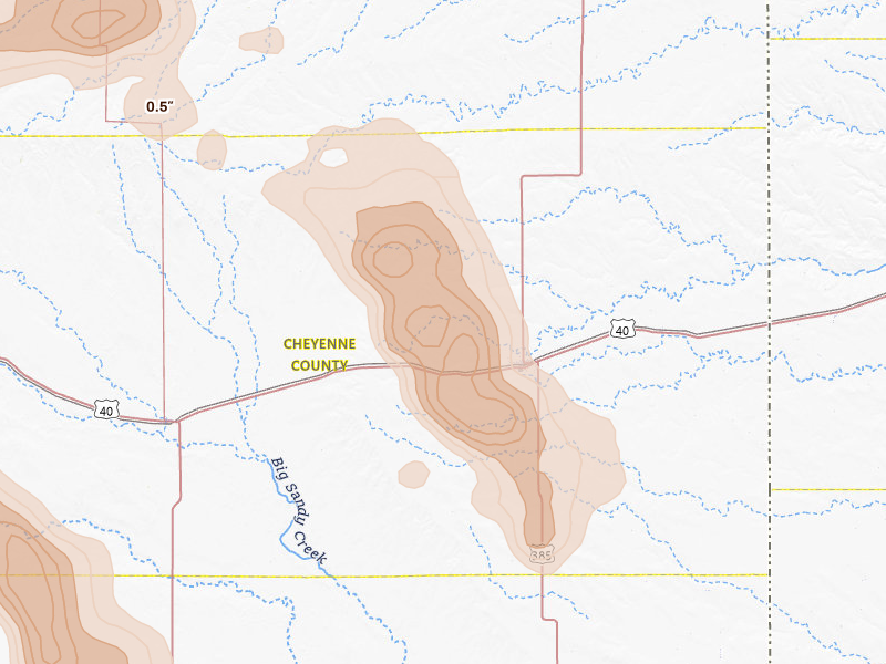 Radar-estimated hail-size map of the storm over Cheyenne Wells, CO on Jun 26, 2026