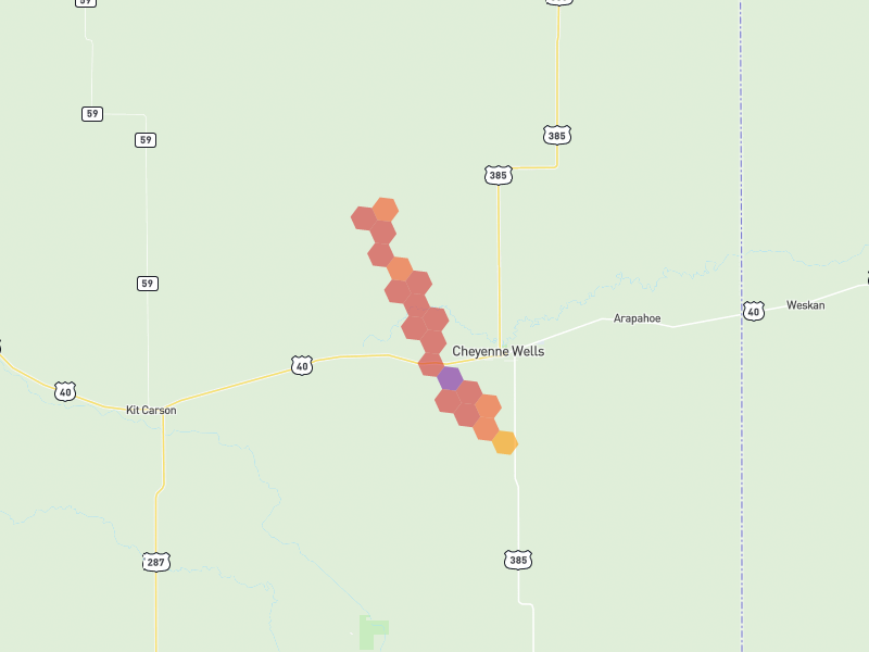 Hail map of Cheyenne Wells, CO on Jun 27, 2026, hail up to 2.75"