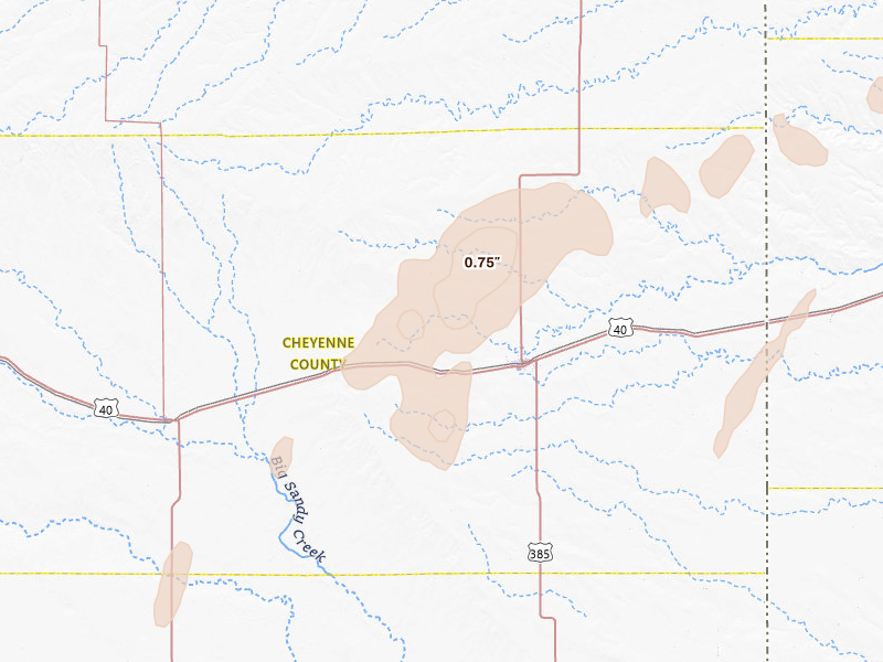 Radar-estimated hail-size map of the storm over Cheyenne Wells, CO on Jul 1, 2026