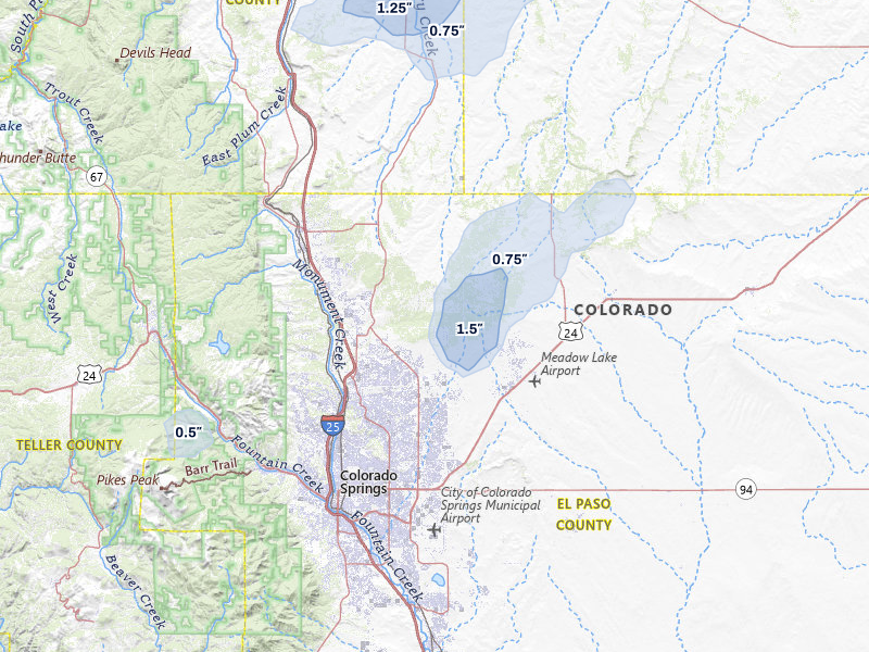 NEXRAD radar-signature map of the hail storm over Colorado Springs, CO on May 29, 2026