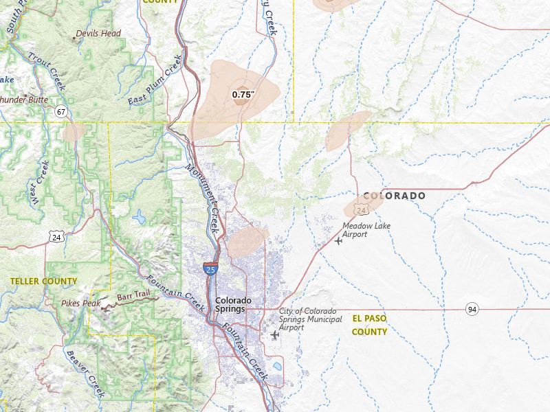 Radar-estimated hail-size map of the storm over Colorado Springs, CO on Jun 1, 2026