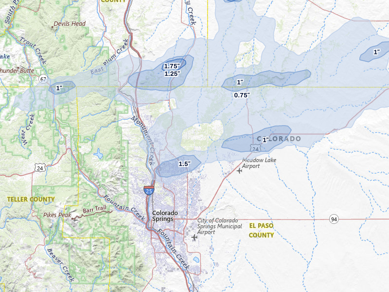 NEXRAD radar-signature map of the hail storm over Colorado Springs, CO on Jun 1, 2026