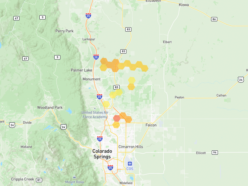 Hail map of Colorado Springs, CO on Jun 1, 2026, hail up to 1.5"