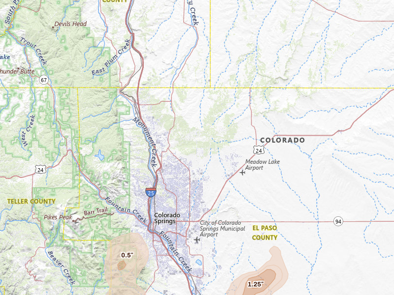 Radar-estimated hail-size map of the storm over Colorado Springs, CO on Jun 6, 2026