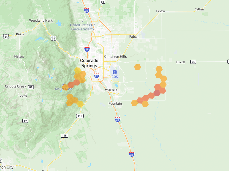 Hail map of Colorado Springs, CO on Jun 7, 2026, hail up to 2.25"