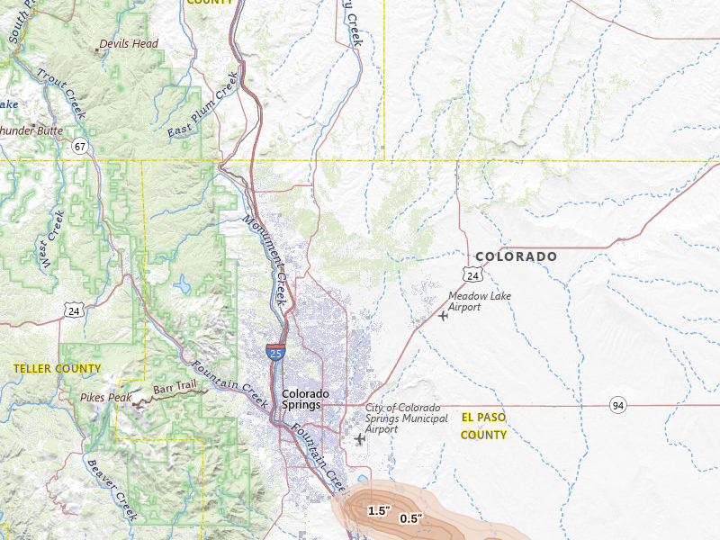 Radar-estimated hail-size map of the storm over Colorado Springs, CO on Jun 22, 2026
