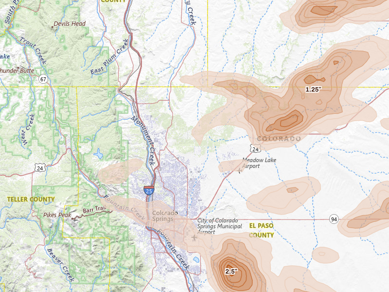 Radar-estimated hail-size map of the storm over Colorado Springs, CO on Jun 23, 2026