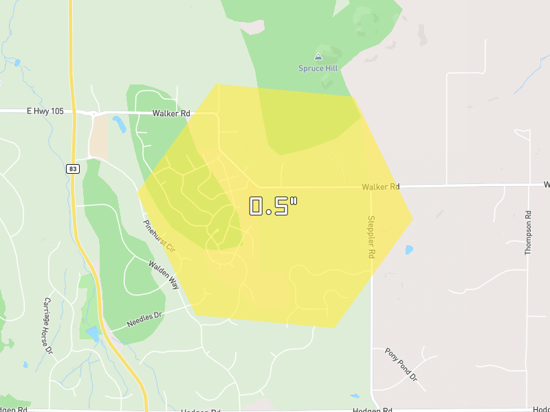 Hail map of Colorado Springs, CO on Jun 26, 2026, hail up to 0.5"