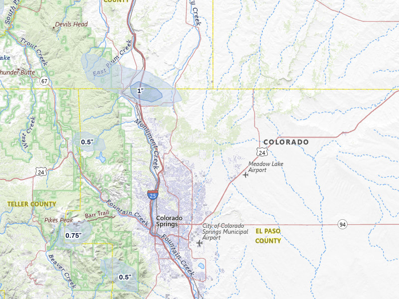 NEXRAD radar-signature map of the hail over Colorado Springs, CO