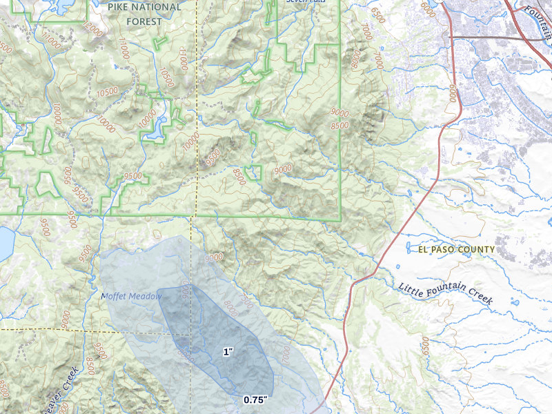 NEXRAD radar-signature map of the hail storm over Colorado Springs, CO on Jul 5, 2026