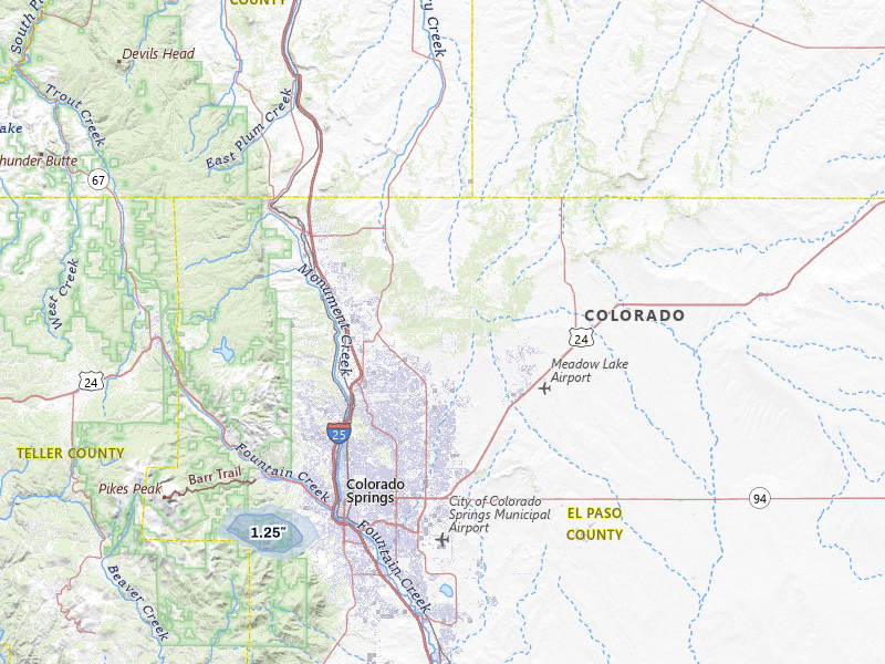 NEXRAD radar-signature map of the hail storm over Colorado Springs, CO on Jul 7, 2026