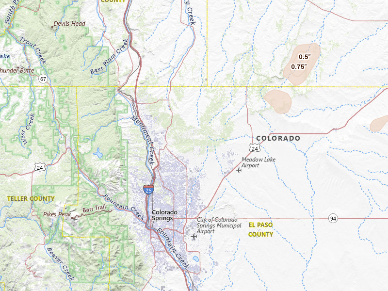Radar-estimated hail-size map of the storm over Colorado Springs, CO on Jul 10, 2026