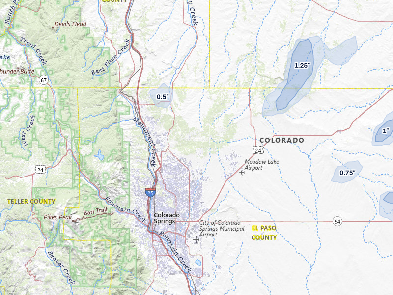 NEXRAD radar-signature map of the hail storm over Colorado Springs, CO on Jul 10, 2026