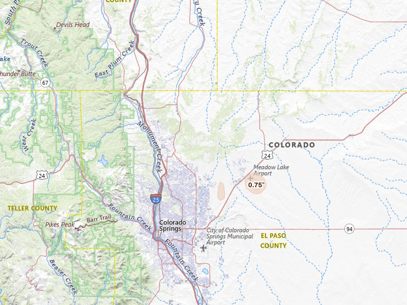 Radar-estimated hail-size map of the storm over Colorado Springs, CO on Jul 22, 2026