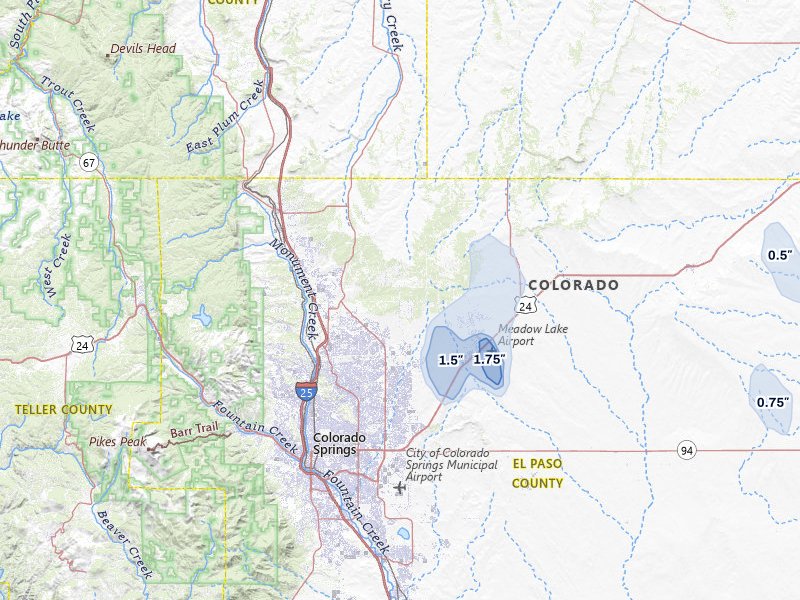 NEXRAD radar-signature map of the hail storm over Colorado Springs, CO on Jul 22, 2026