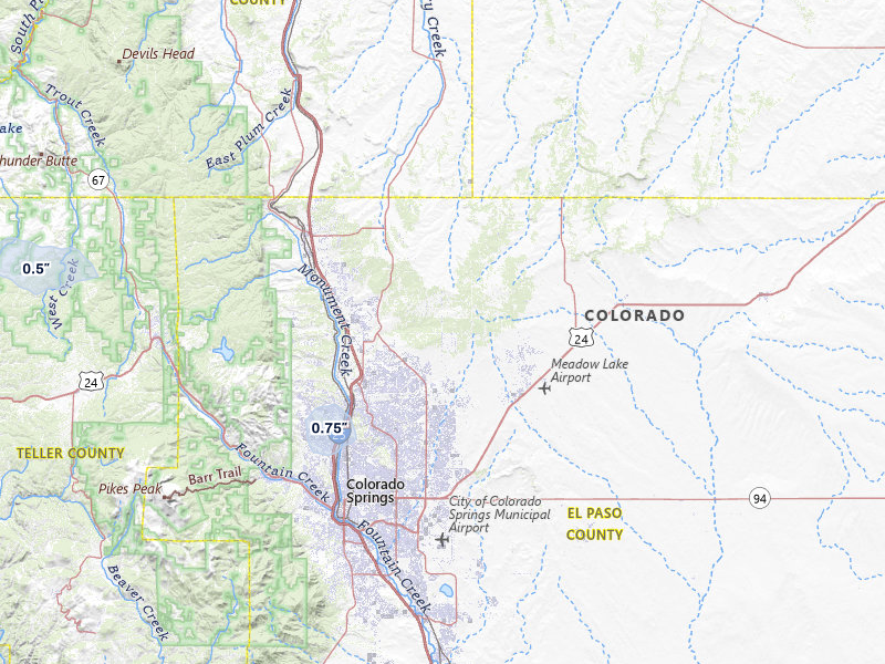NEXRAD radar-signature map of the hail storm over Colorado Springs, CO on Jul 24, 2026
