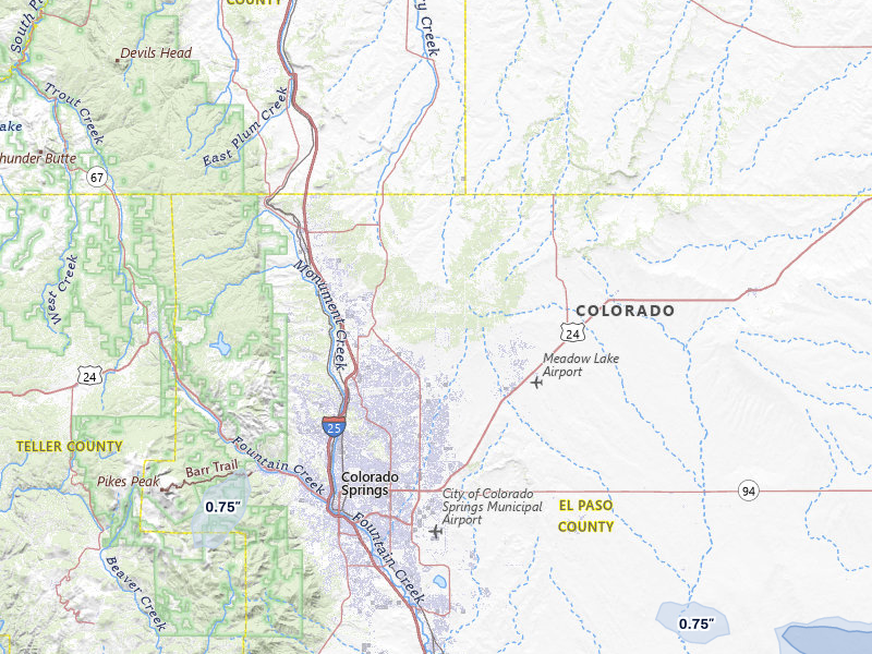 NEXRAD radar-signature map of the hail storm over Colorado Springs, CO on Jul 27, 2026