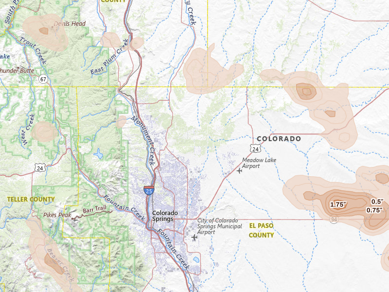 Radar-estimated hail-size map of the storm over Colorado Springs, CO on Jul 28, 2026