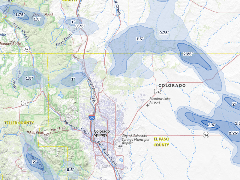 NEXRAD radar-signature map of the hail storm over Colorado Springs, CO on Jul 28, 2026
