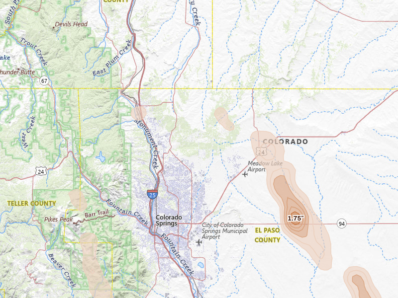 Radar-estimated hail-size map of the storm over Colorado Springs, CO on Jul 31, 2026