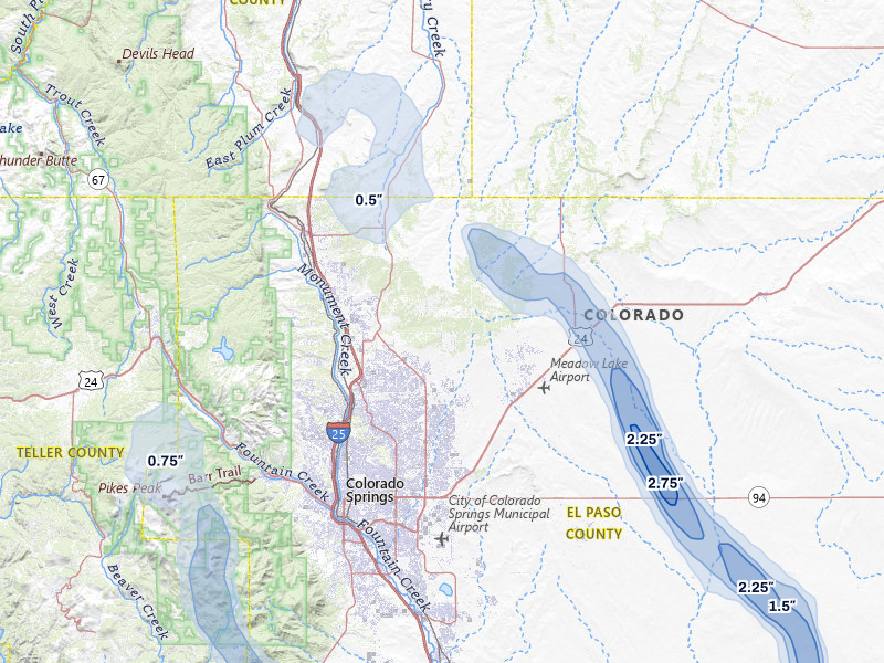 NEXRAD radar-signature map of the hail storm over Colorado Springs, CO on Jul 31, 2026