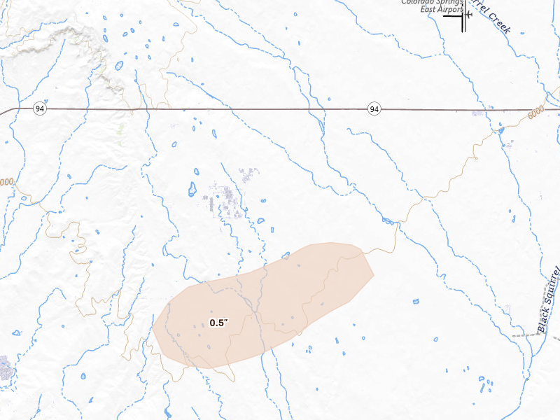 Radar-estimated hail-size map of the storm over Colorado Springs, CO on Aug 15, 2026