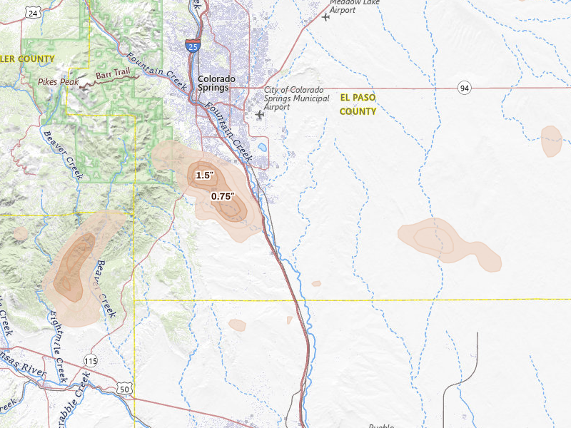Radar-estimated hail-size map of the storm over Colorado Springs, CO on Aug 16, 2026