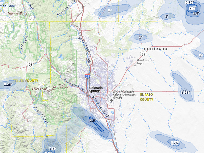 NEXRAD radar-signature map of the hail storm over Colorado Springs, CO on Aug 16, 2026