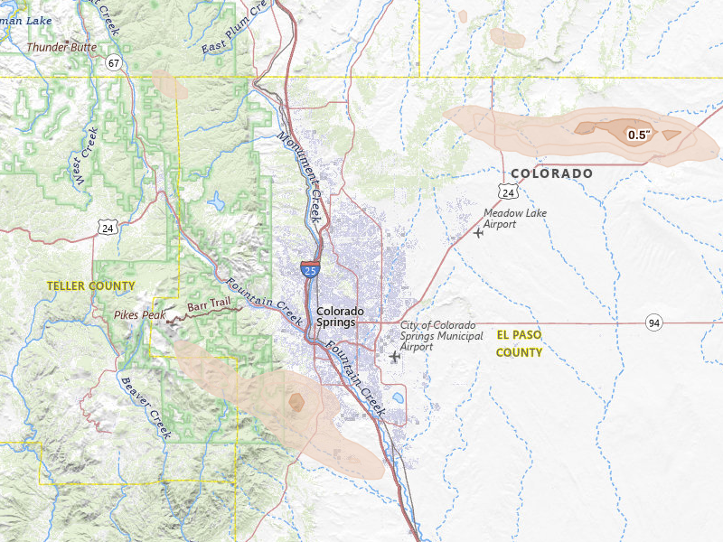 Radar-estimated hail-size map of the storm over Colorado Springs, CO on Aug 19, 2026