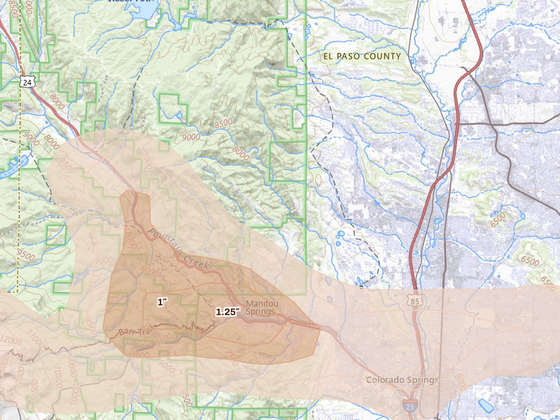Radar-estimated hail-size map of the storm over Colorado Springs, CO on Aug 20, 2026
