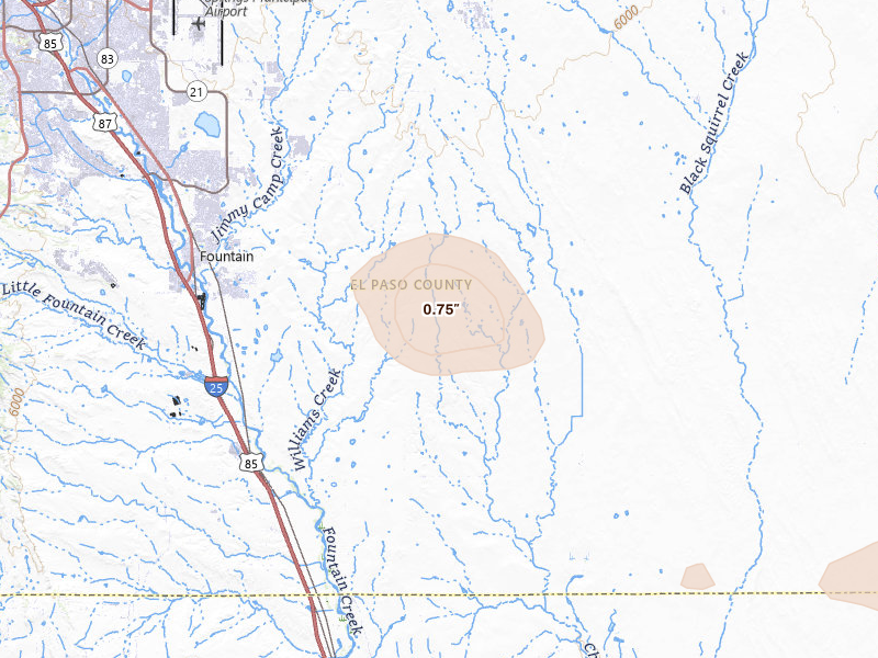 Radar-estimated hail-size map of the storm over Colorado Springs, CO on Aug 23, 2026