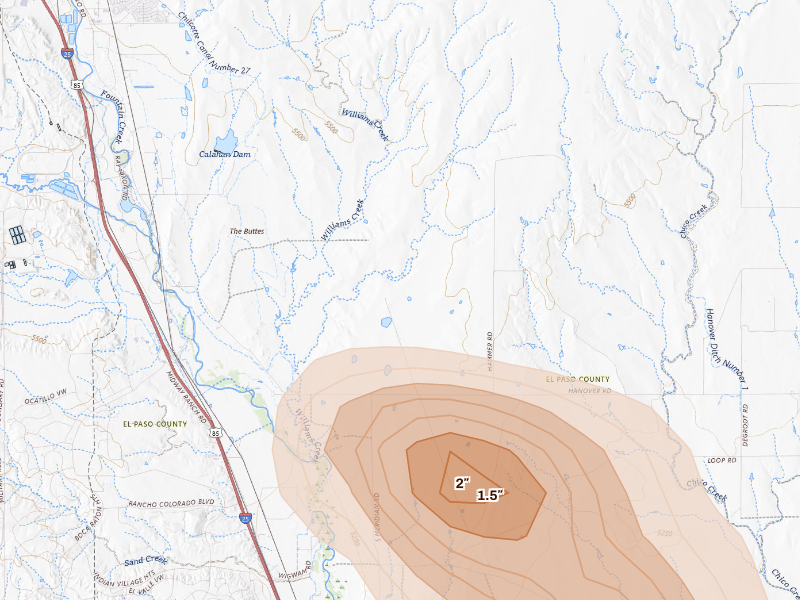 Radar-estimated hail-size map of the storm over Colorado Springs, CO
