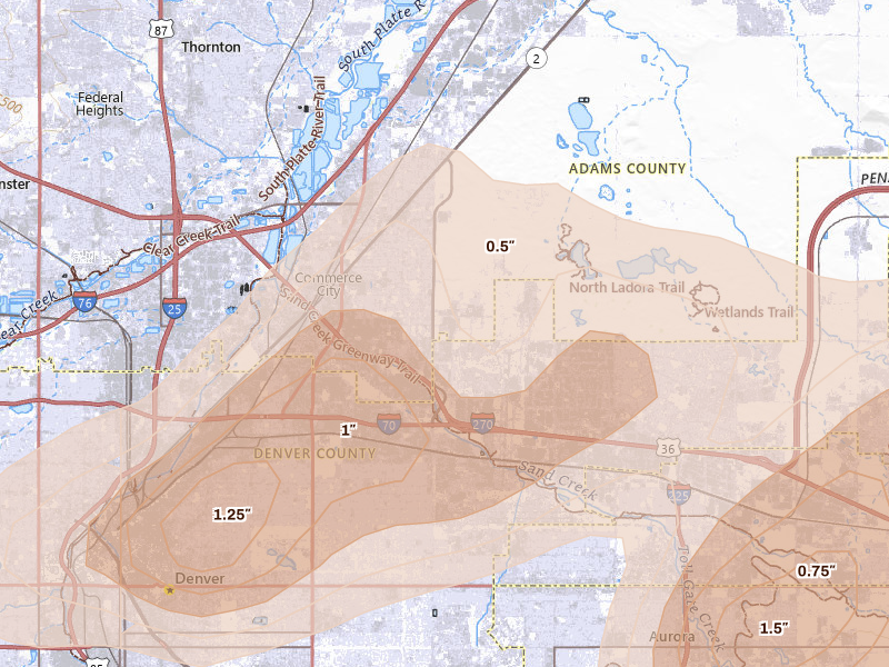 Radar-estimated hail-size map of the storm over Commerce City, CO on Jun 1, 2026