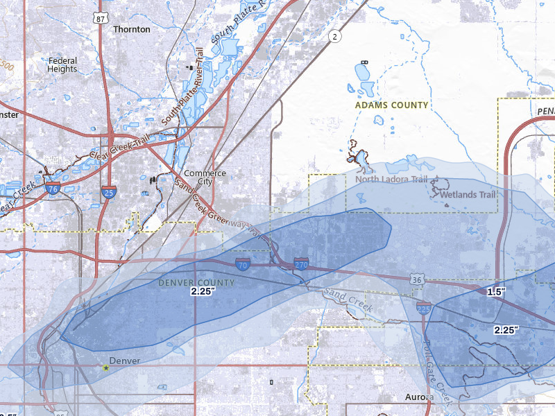 NEXRAD radar-signature map of the hail storm over Commerce City, CO on Jun 1, 2026