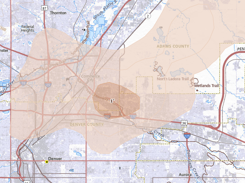 Radar-estimated hail-size map of the storm over Commerce City, CO on Jun 8, 2026