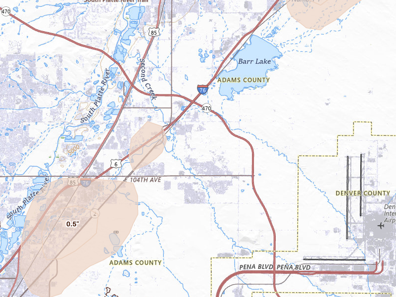 Radar-estimated hail-size map of the storm over Commerce City, CO on Aug 14, 2026