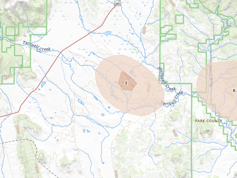 Radar-estimated hail-size map of the storm over Como, CO on Aug 20, 2026