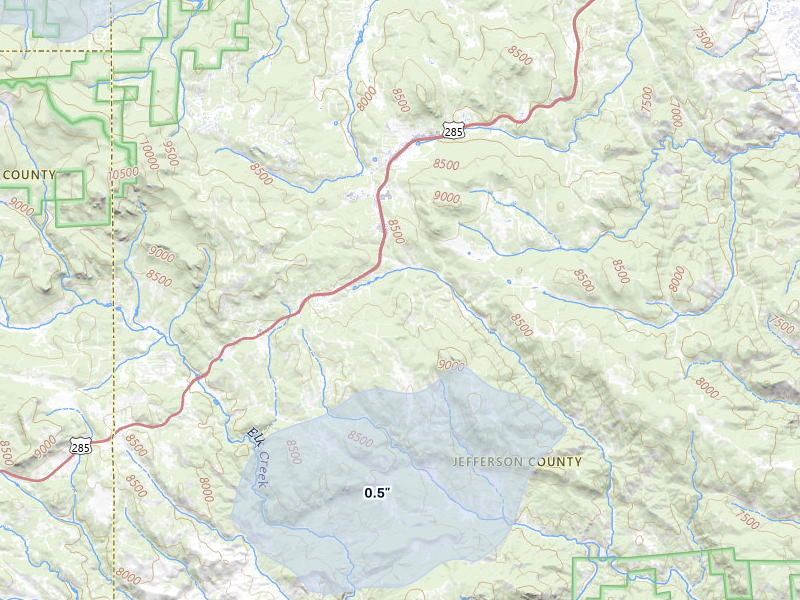 NEXRAD radar-signature map of the hail storm over Conifer, CO on Jul 8, 2026