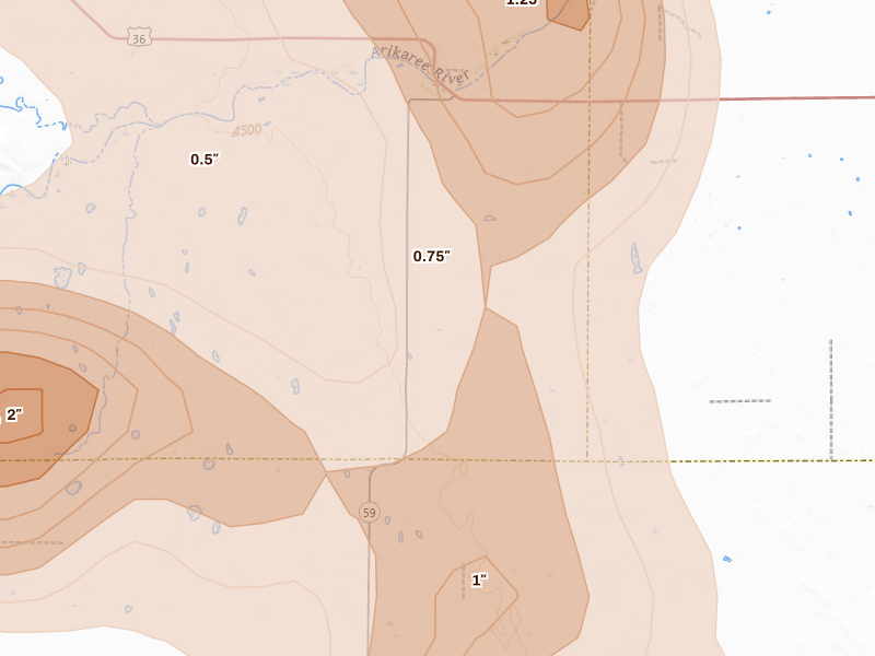Radar-estimated hail-size map of the storm over Cope, CO on May 21, 2026